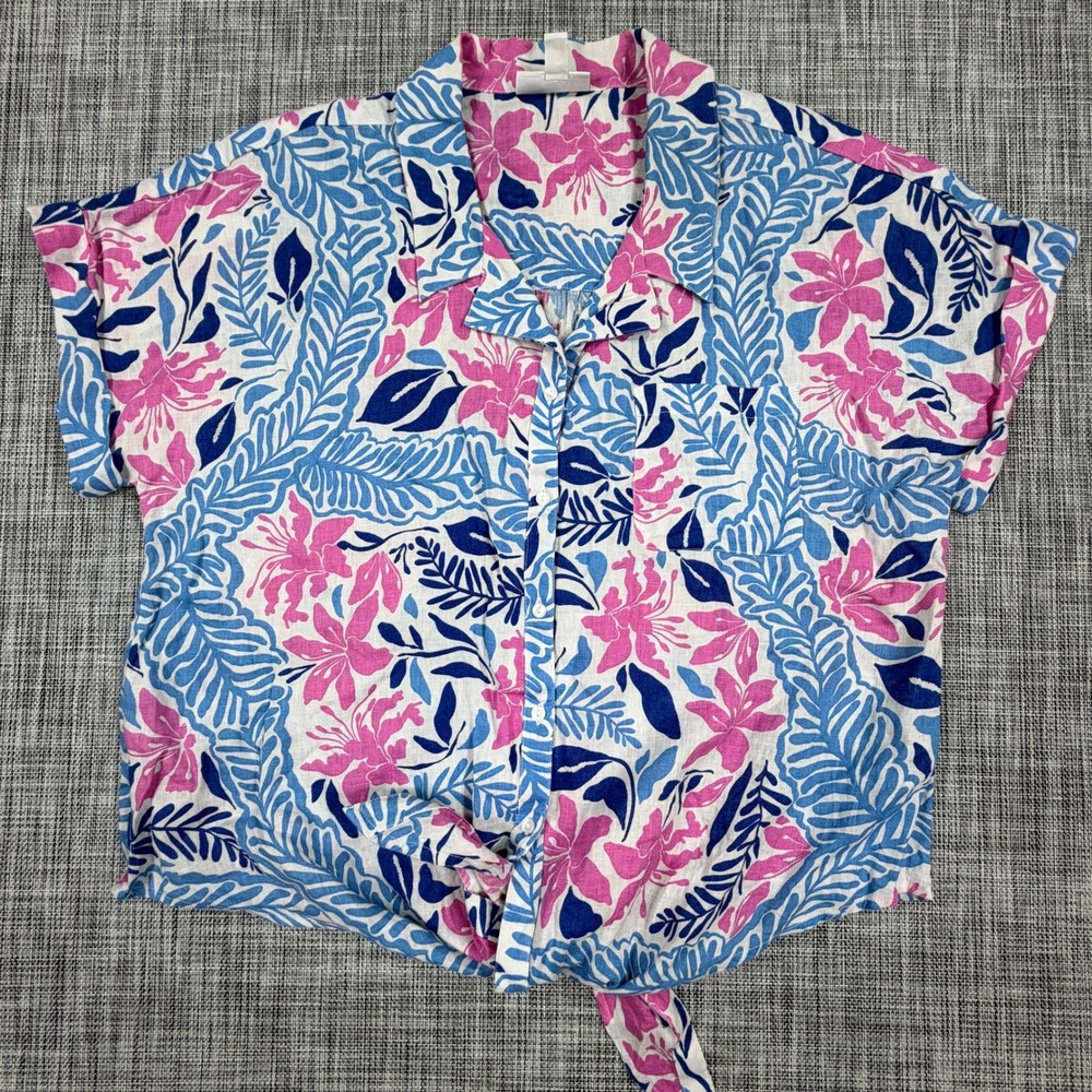 Charter Club Womens XL Linen Floral Tie Front Blouse Blue Pink Short Sleeve Top